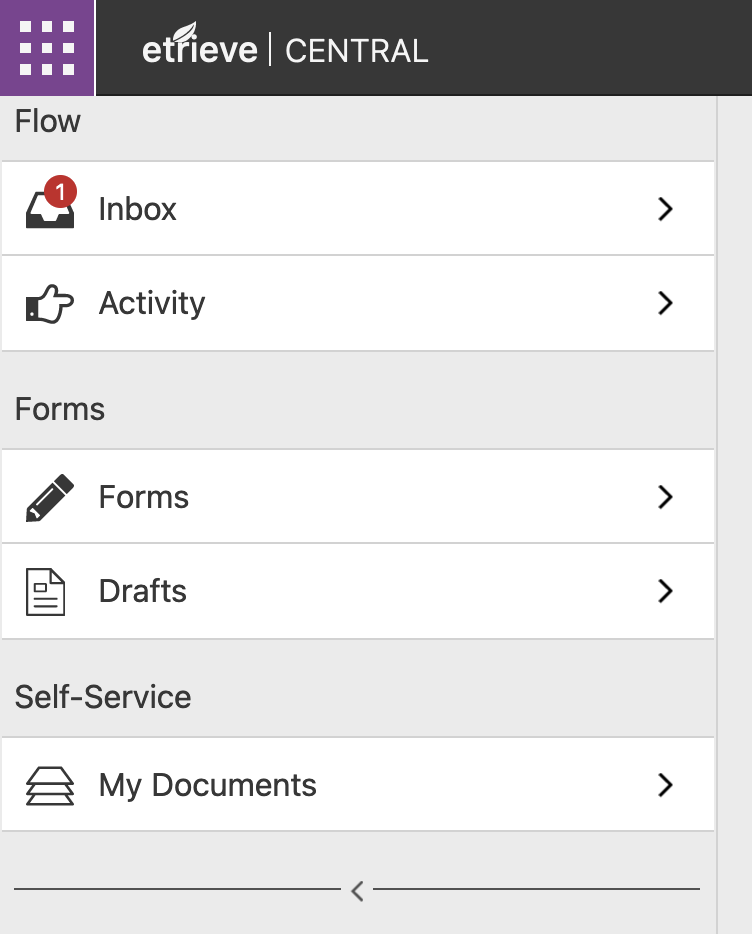 Screenshot of Softdocs etrieve Central main interface / navigation menu